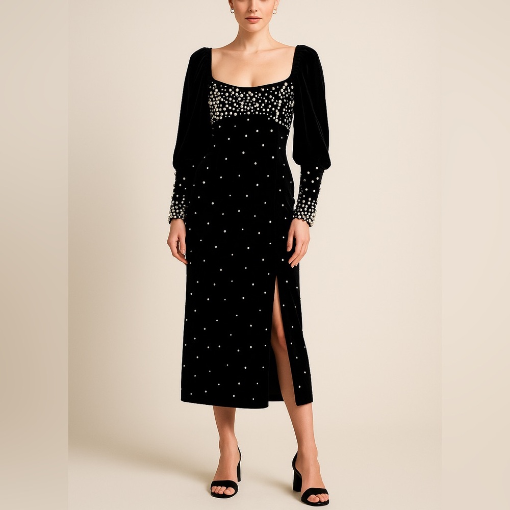 Maeve by Anthropologie Black Velvet Pearl Embellished Dress
